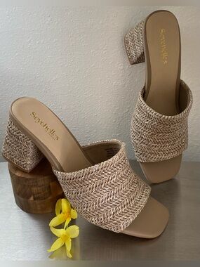 NEW WOMENS BRAIDED TAUPE SLIDE SANDALS WITH BLOCK HEEL
